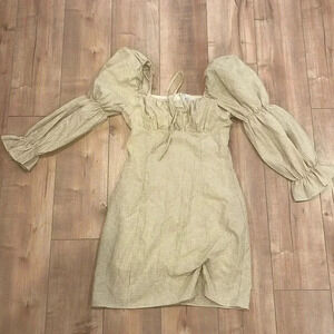 Destinaire Gingham Cream Mini Dress Puff Sleeves Sz S